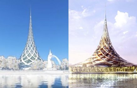 Wiman Phra Indra, Bangkok (left) and Crystal Island Tower, Moscow